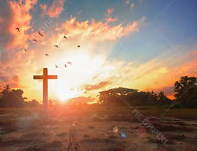 Resurrection of Jesus Christ concept: God Lamb in front of the cross of Jesus Christ on sunrise background
