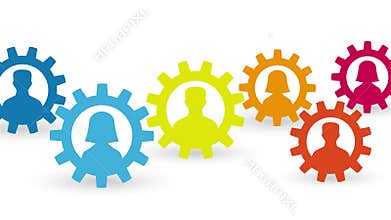 Man and woman silhouette in colorful gears social network concept loop animation