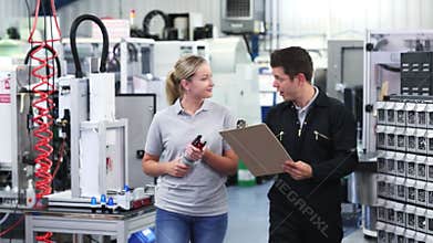 Engineer in factory discussing component with female apprentice