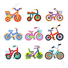 Set of nine children s bicycles. Children s transport. Tricycles