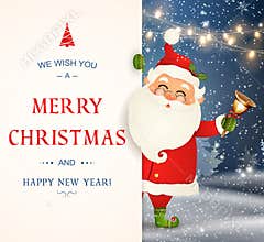 We Wish you a Merry Christmas. Happy new year. Santa Claus character with big signboard. Merry Santa Clause with jingle