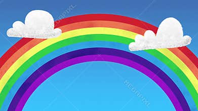 Seamless 4K Animation Of Rainbow With Clouds On The Blue Sky.