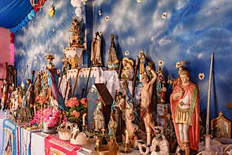 Brazilian religious altar mixing elements of umbanda, candomble and catholicism