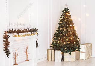 Holiday decorated room with Christmas tree and decoration, background with blurred, sparking, glowing light.
