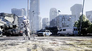 Military robot in destroyed city. Future apocalypse concept. Realistic 4k animation.