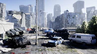 Military robot in destroyed city. Future apocalypse concept. Realistic 4k animation.