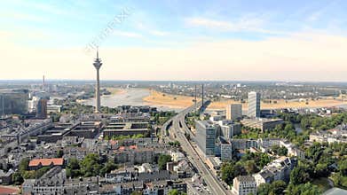 Aerial View Dusseldorf Germany. Flight over the city