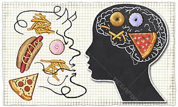 Addiction illustrated with Fast Food and Brain