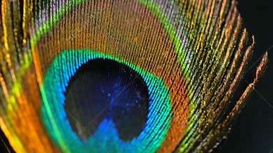 Very beautiful peacock feather. Natural pattern. Macro. 4k.
