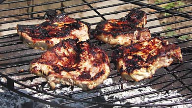 Pork chops cooking on fire