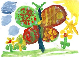 Children drawing - big butterfly and flowers