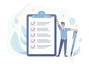 Smiling guy standing beside giant check list and holding pen. Concept of successful goal achievement, productive daily