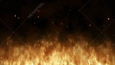 Realistic large fire with hot sparks rise in the night sky. Burning flame on an abstract background with a light