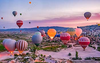 Colorful hot air balloons before launch in Goreme national park, Cappadocia, Turkey