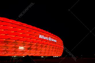 Allianz Arena in Munich at night in red