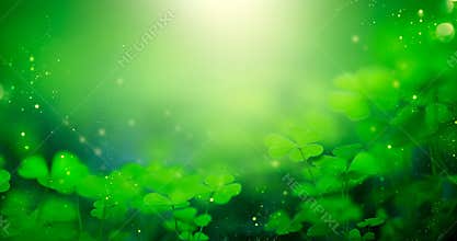 St. Patrick`s Day green blurred background with shamrock leaves. Patrick Day. Abstract border art design. Magic clover