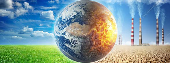 Earth on a background of grass and clouds versus a ruined Earth on a background of a dead desert with Smoking chimneys of