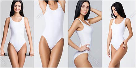 Sporty, fit and healthy female body in fitness collage. Young women in swimsuits on white.