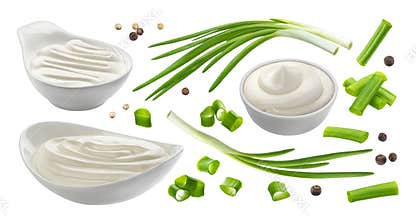 Sour cream and chives isolated on white background, green onion with sour cream sauce
