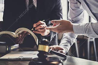 Good service cooperation, Consultation of Businessman and Male lawyer or judge counselor having team meeting with client, Law and