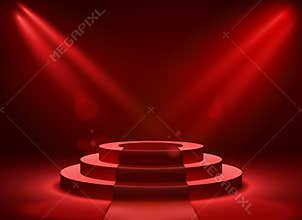 Stage podium lighting. Award ceremony victory pedestal champion, show victory, event celebration winner place