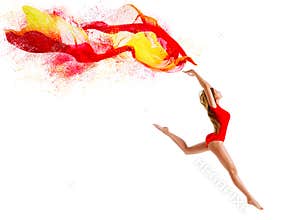 Sport Woman Jumping with Flying Cloth, Happy Gymnast Girl with Fluttering Fabric, Gymnastics