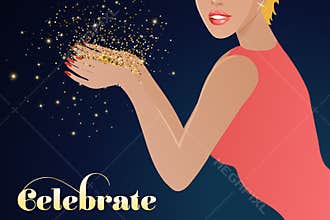 Elegant woman blowing glitter, celebration background