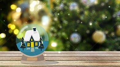 Winter home snow globe. snowfall and Christmas tree with lighting at background with copy space