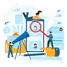 Tiny people are looking for a candidate. Concept of human resources, choice, career, employment, CV, job search