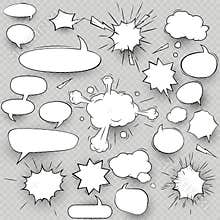 Set of collection comic style speech bubbles and elements with halftone shadows. Cloud oval rectangle and jagged shape