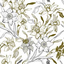 Manual graphic seamless pattern with hand drawn flowers daffodils.