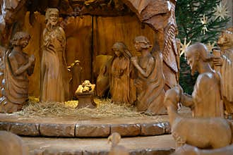 Nativity Christmas scene - the Holy Family with three Kings and Sheperds