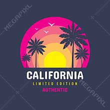 California - concept badge vector illustration for t-shirt and other design print productions. Summer, sunset, palms, surfing, sea