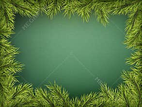 Card with Christmas tree border, realistic fir-tree branches frame on green background. EPS 10