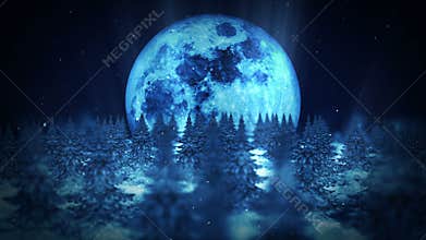 Moon night scene, Winter Forest illustration, Abstract nature background, Loop landscape animation,