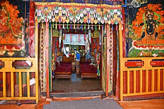 Lhasa,Tibet, June, 03, 2018. The image of the deity Dharmaraja Yamaraja in one of the oldest Buddhist monasteries Canggu nunner