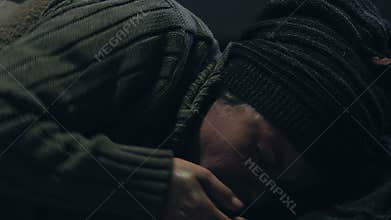 Homeless person coughing, suffering flu or tuberculosis, contagious disease