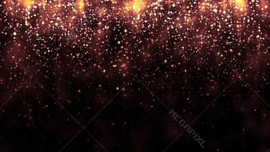 Background with golden glitter falling particles. Beautiful holiday background template for premium design. Falling gold particle