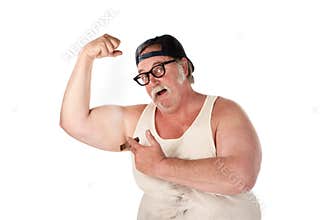 Obese man flexing muscles in tee shirt