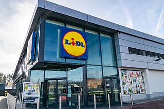 View of Lidl supermarket and logo.