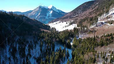 4K Aerial flight at Walchensee Bavaria Germany in Winter