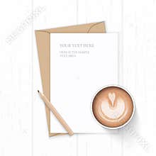 Flat lay top view elegant white composition letter kraft paper envelope coffee and pencil on wooden background