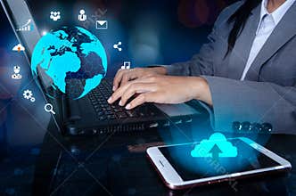 The phone has a cloud icon. Press enter button on the computer. business logistics Communication network World map send message Co