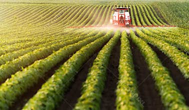 Tractor spraying pesticides at soy bean field