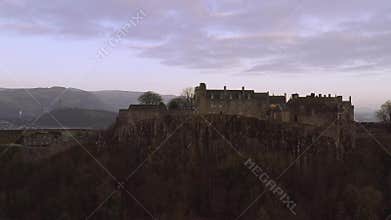 Aerial view of Stirling Castle on top of the rocky hill in central Scotland