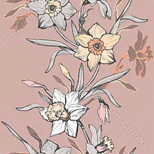 Floral vertical seamless border with hand drawn flowers daffodils, narcissus.