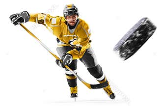Professional ice hockey player in action on white backgound