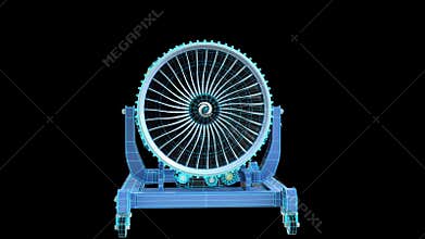 Wireframe rendering of turbojet engine on black background