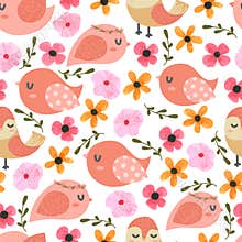Birds and flower Cartoon Seamless Pattern