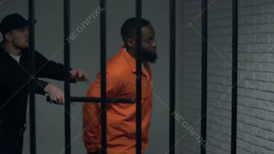 Jail security guard pushing african-american prisoner, using violence, abuse